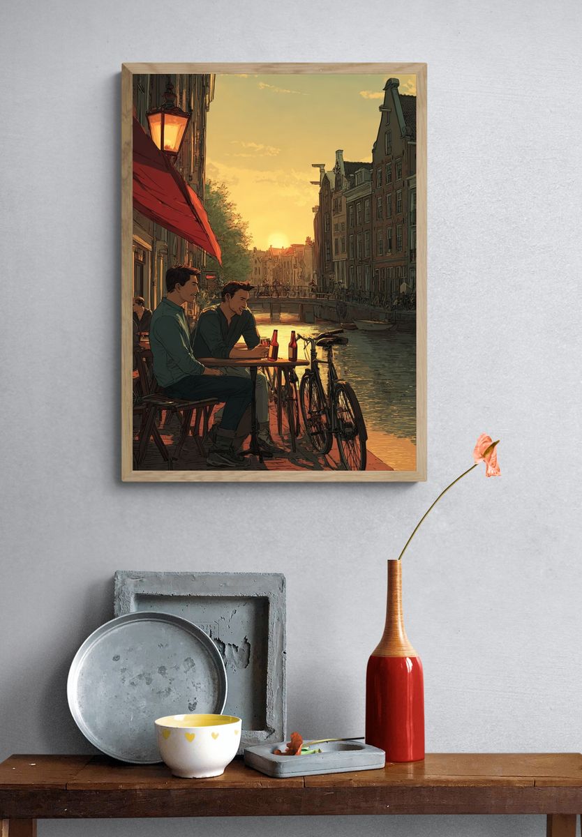 Canal Sunset Café Illustration Poster. — room view 3