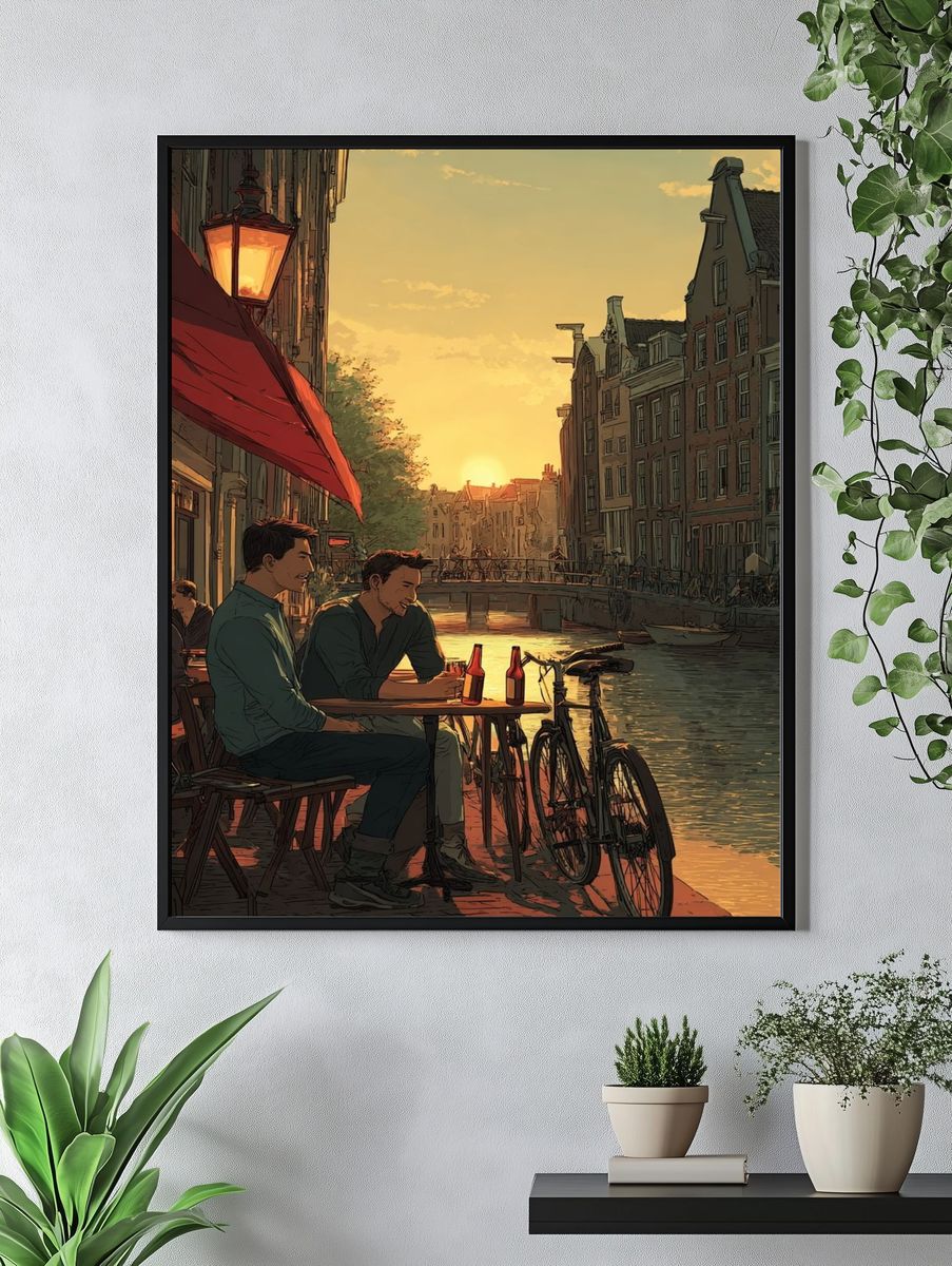 Canal Sunset Café Illustration Poster. — room view 4
