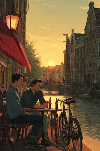 Canal Sunset Café Illustration Poster.