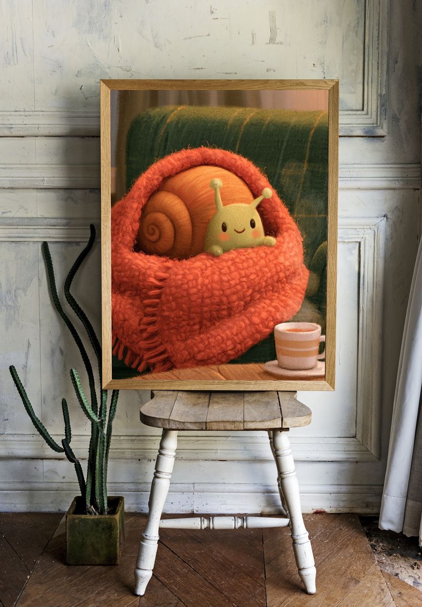 Snail in Cozy Blanket Illustration Poster. — room view 1