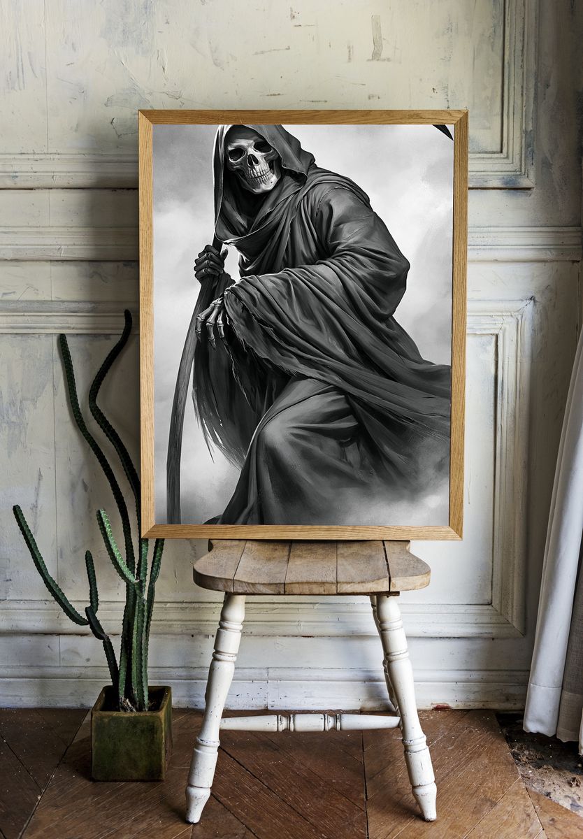 Grim Reaper Black-White Print. room preview