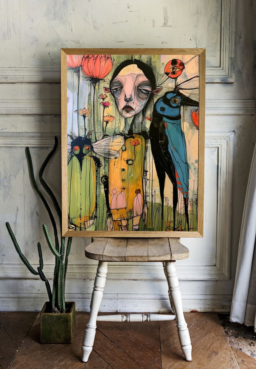 Surreal Bird Garden Illustration Poster. — room view 1