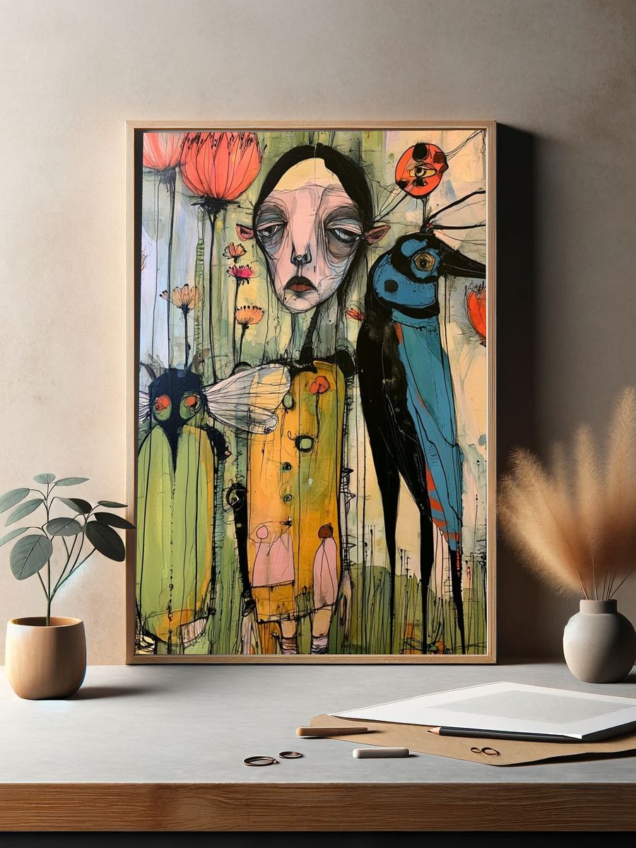 Surreal Bird Garden Illustration Poster. — room view 2