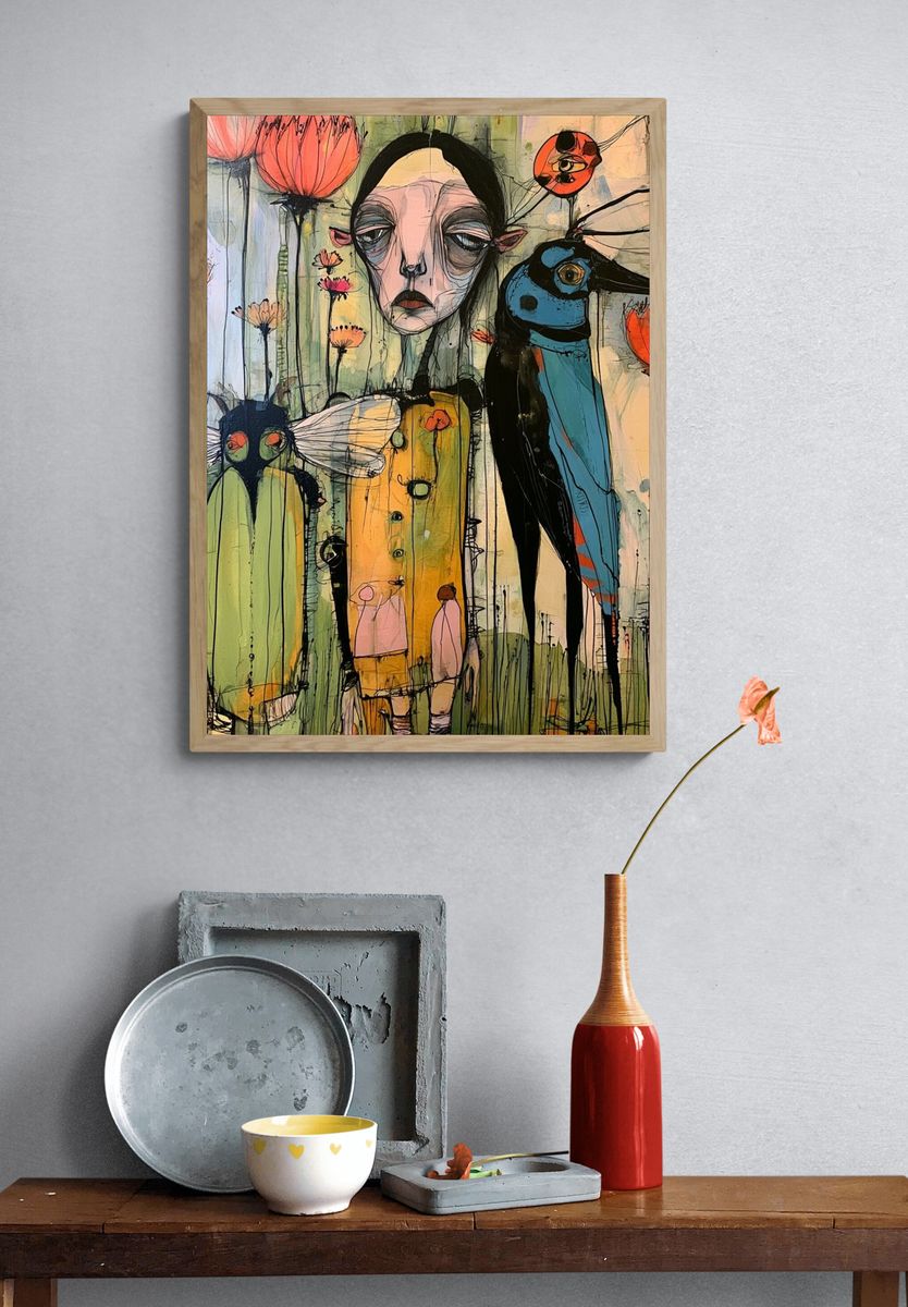 Surreal Bird Garden Illustration Poster. — room view 3