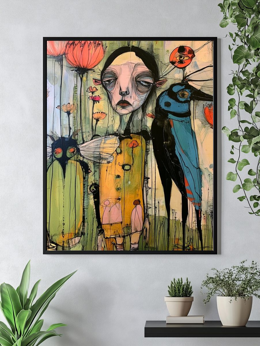 Surreal Bird Garden Illustration Poster. — room view 4