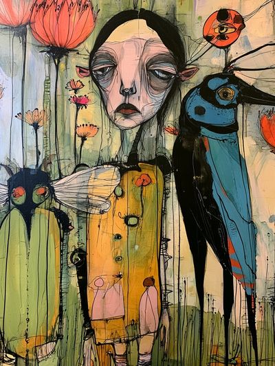 Surreal Bird Garden Illustration Poster.