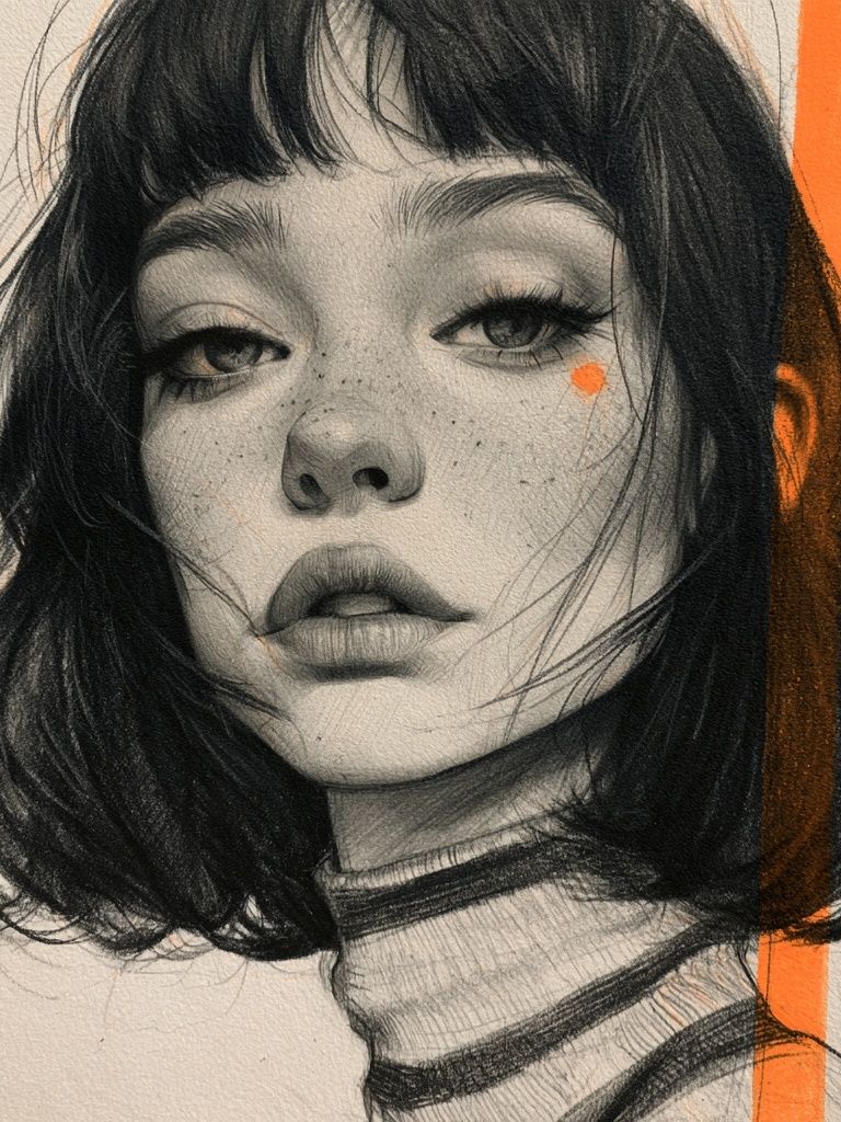 Monochrome Portrait with Orange Accent Poster. poster detail