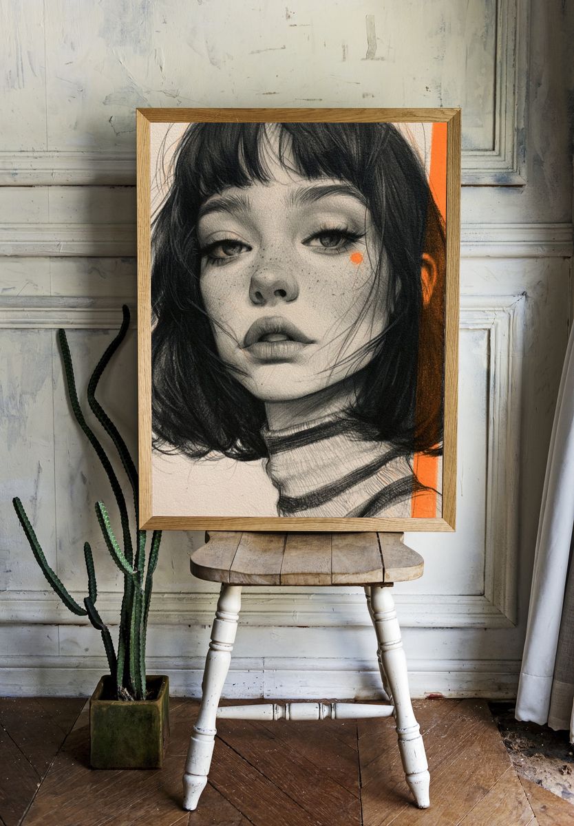 Monochrome Portrait with Orange Accent Poster. room preview