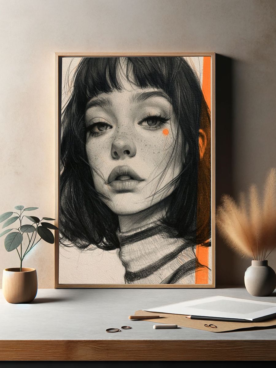 Monochrome Portrait with Orange Accent Poster. — room view 2