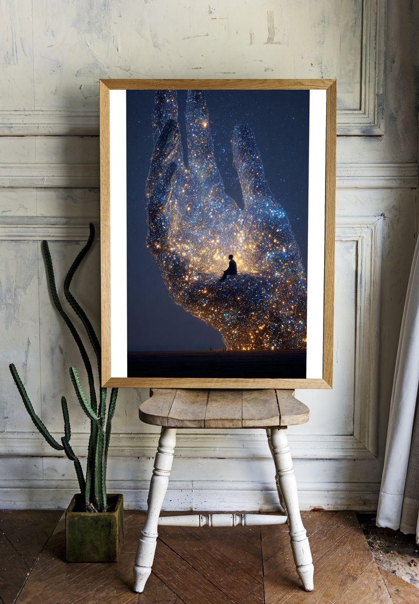 Cosmic Hand Surrealism Print. room preview