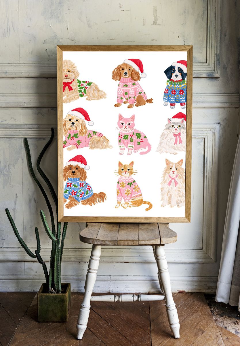 Christmas Pets Watercolor Poster. room preview