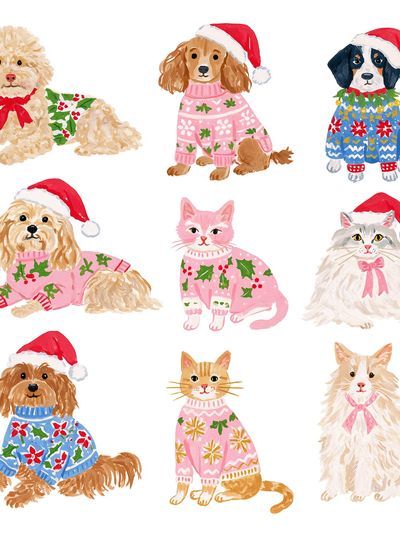 Christmas Pets Watercolor Poster.