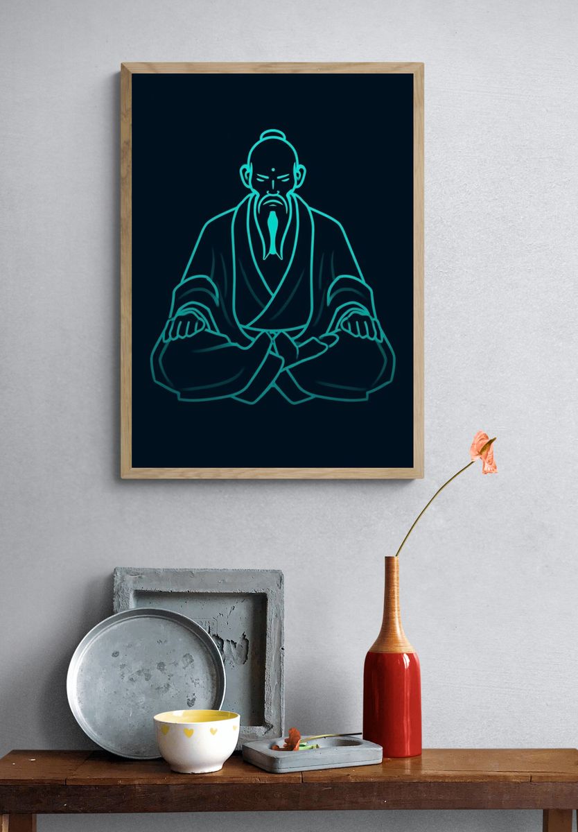 Zen Monk Neon Line Art Poster. — room view 3