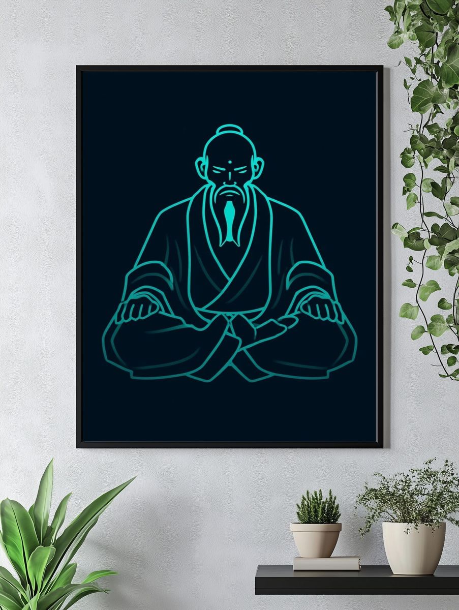 Zen Monk Neon Line Art Poster. — room view 4
