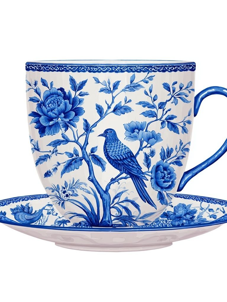 Blue Floral Teacup Illustration Poster. poster — illustration art