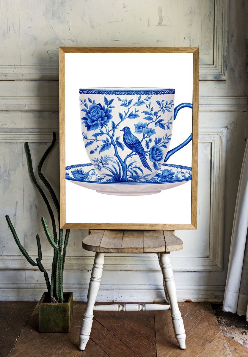 Blue Floral Teacup Illustration Poster. — room view 1