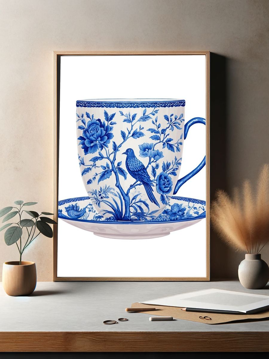 Blue Floral Teacup Illustration Poster. — room view 2