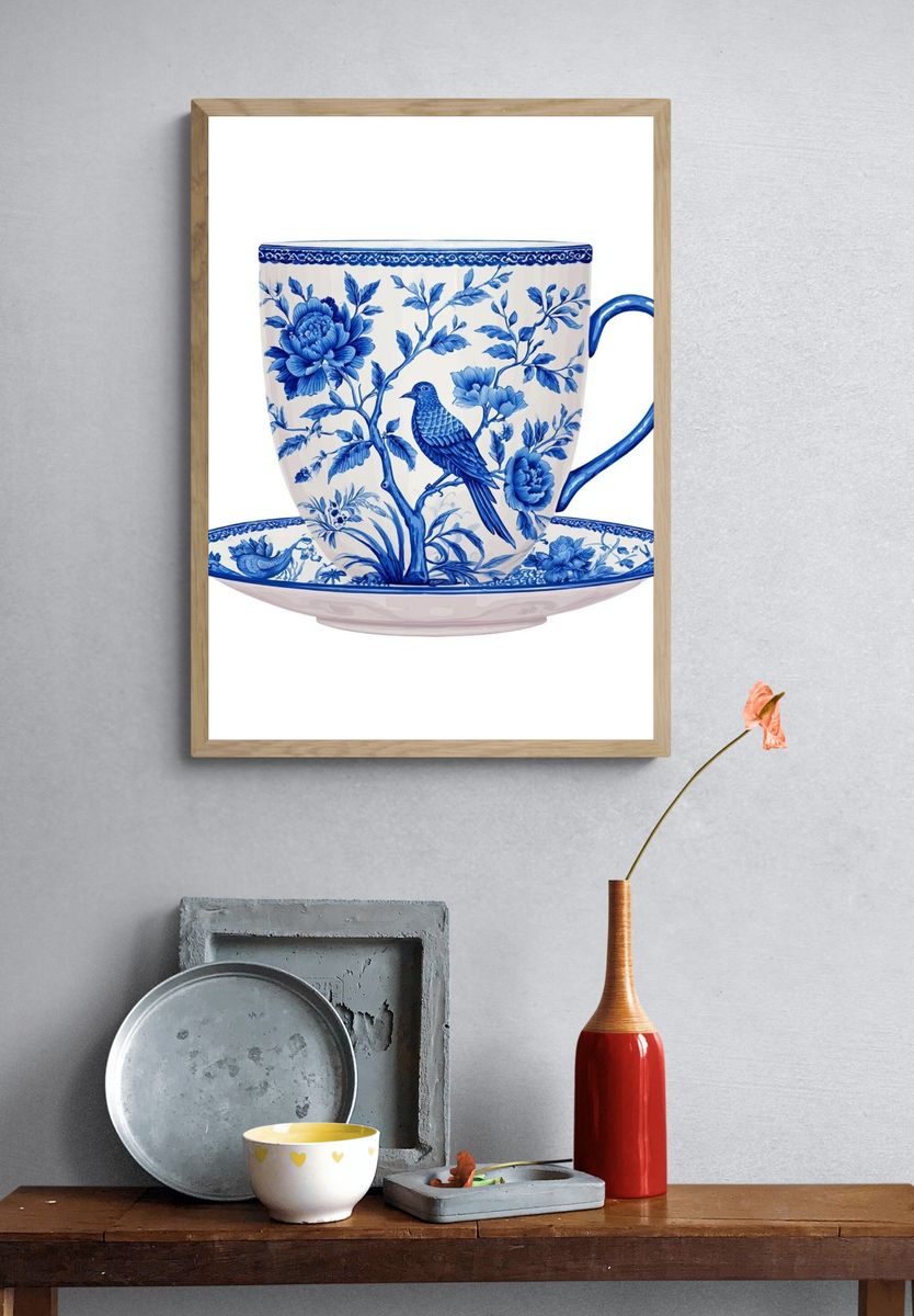 Blue Floral Teacup Illustration Poster. — room view 3