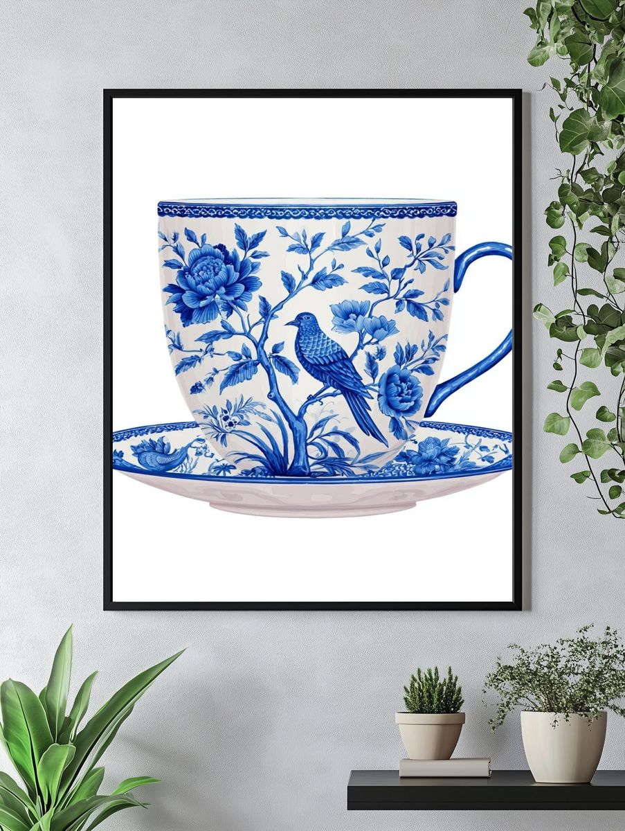 Blue Floral Teacup Illustration Poster. — room view 4