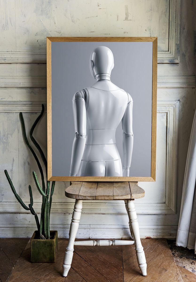 Glossy White Robot Back Poster. room preview
