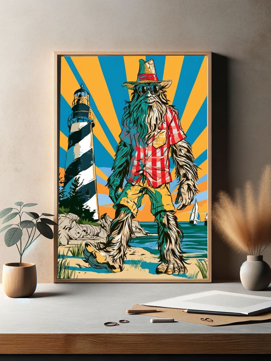 Beach Bigfoot Retro Illustration Poster. — room view 2