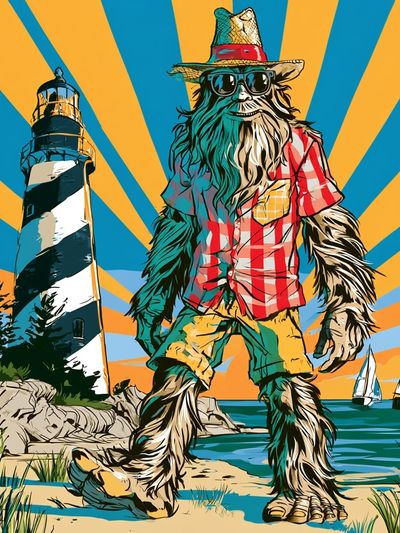 Beach Bigfoot Retro Illustration Poster.