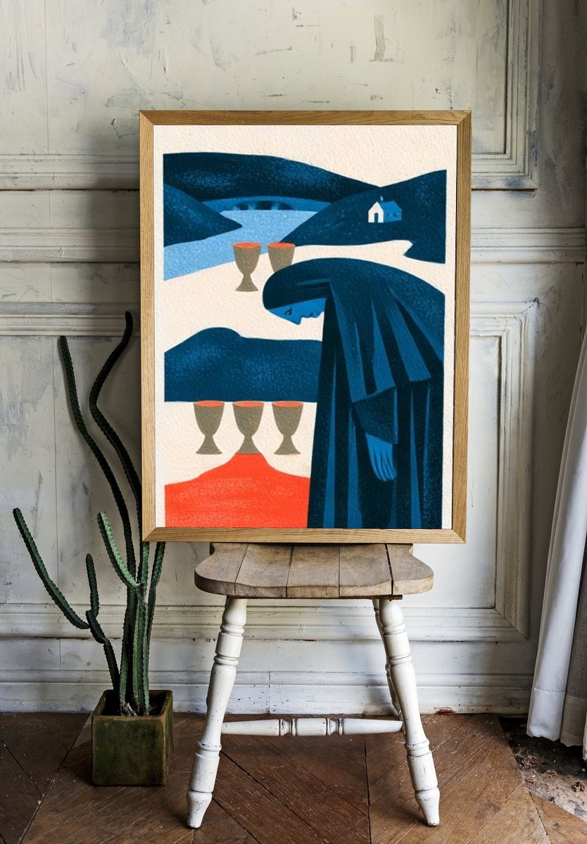 Blue Cloaked Figure — Surreal Print. room preview