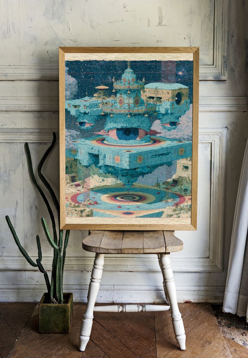 Floating Eye City Surrealism Print. room preview