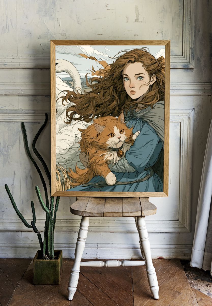 Girl with Swan and Cat Illustration Poster. room preview