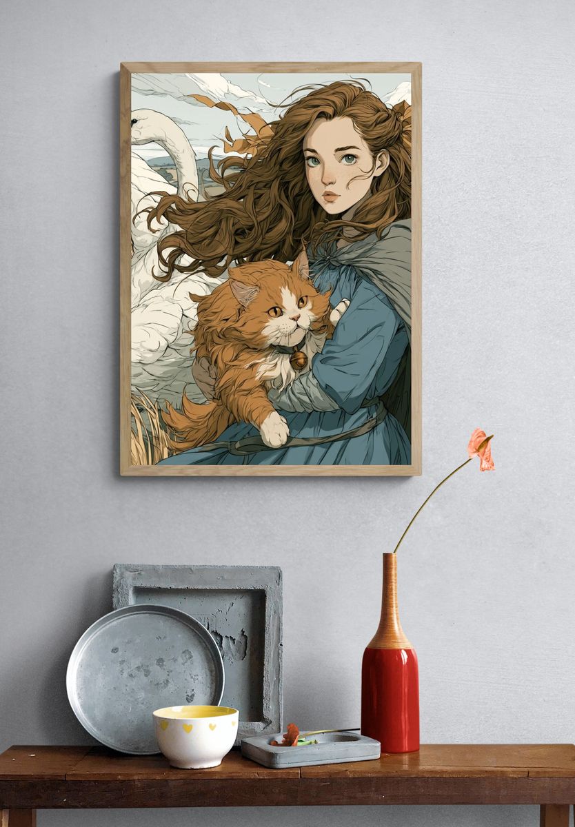 Girl with Swan and Cat Illustration Poster. — room view 3