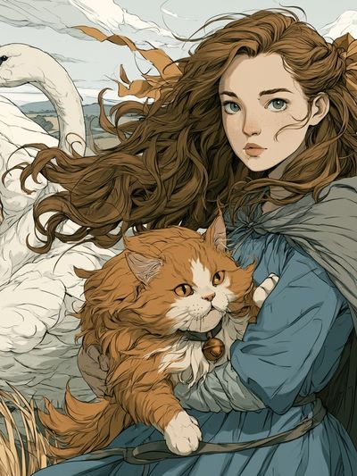 Girl with Swan and Cat Illustration Poster.