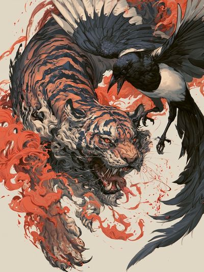 Tiger and Crow Illustration Poster.