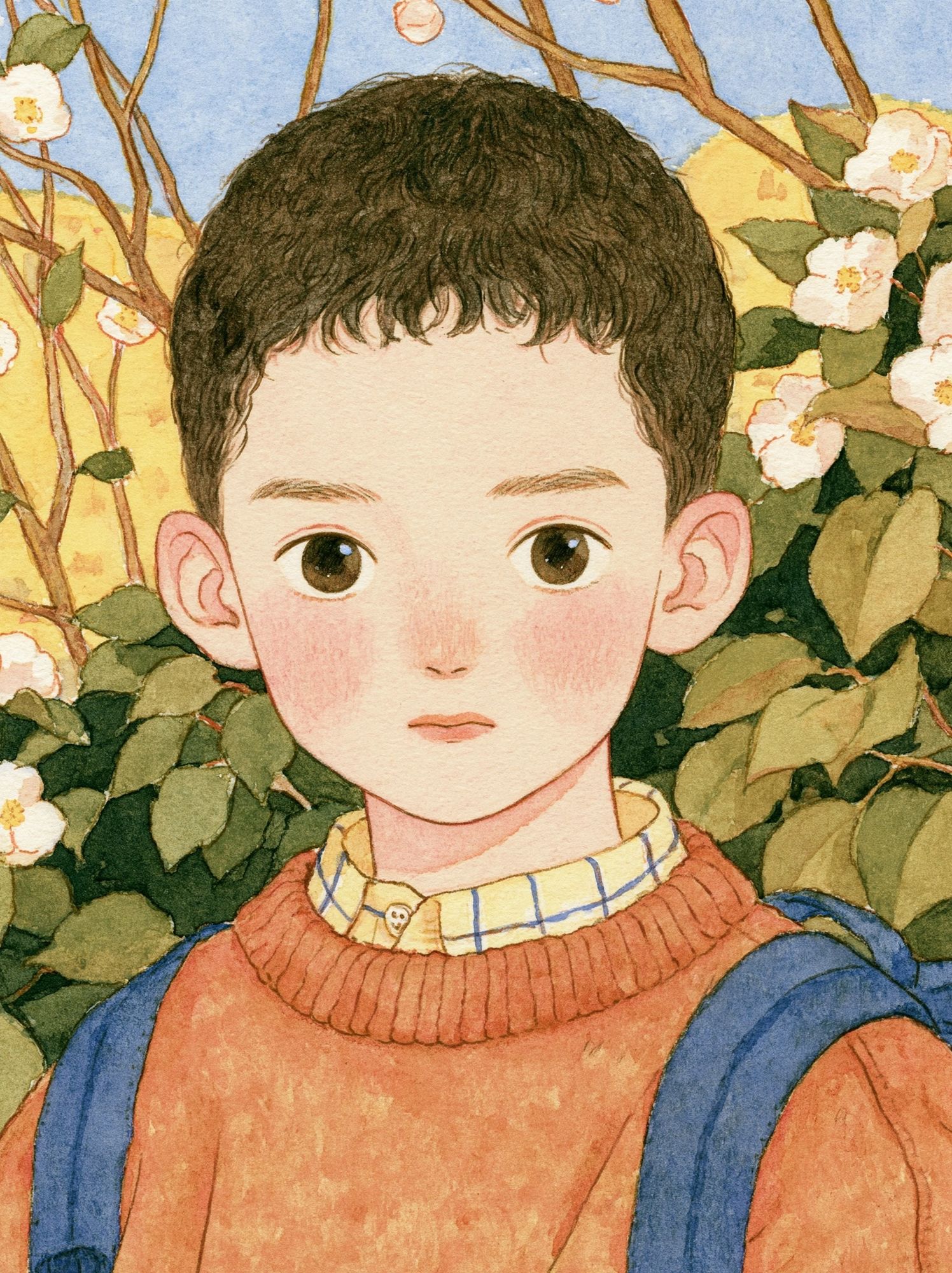 Boy in Blossom Garden Watercolor Print. poster — illustration art
