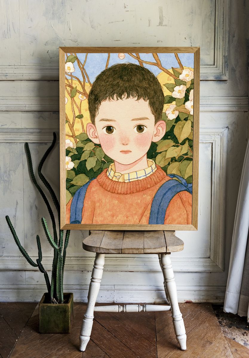 Boy in Blossom Garden Watercolor Print. room preview