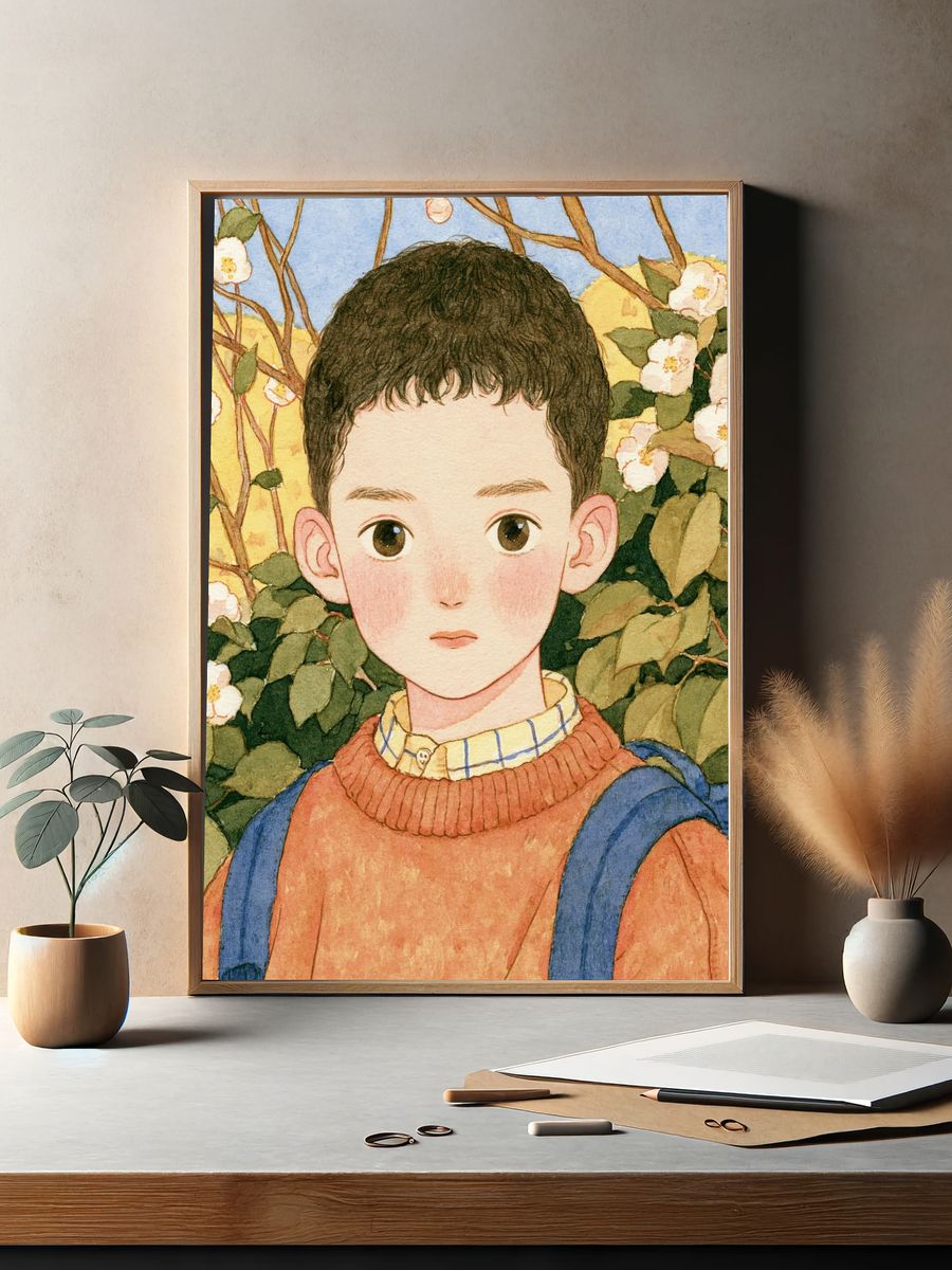 Boy in Blossom Garden Watercolor Print. — room view 2