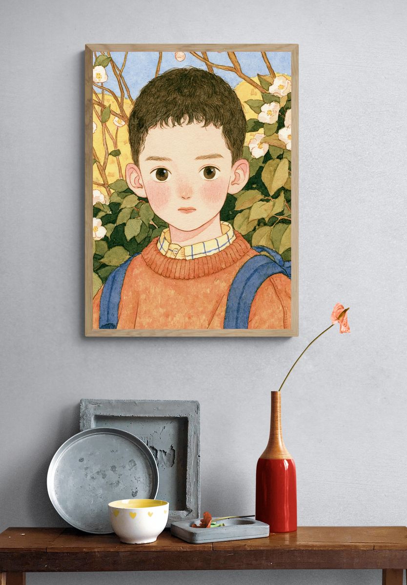 Boy in Blossom Garden Watercolor Print. — room view 3