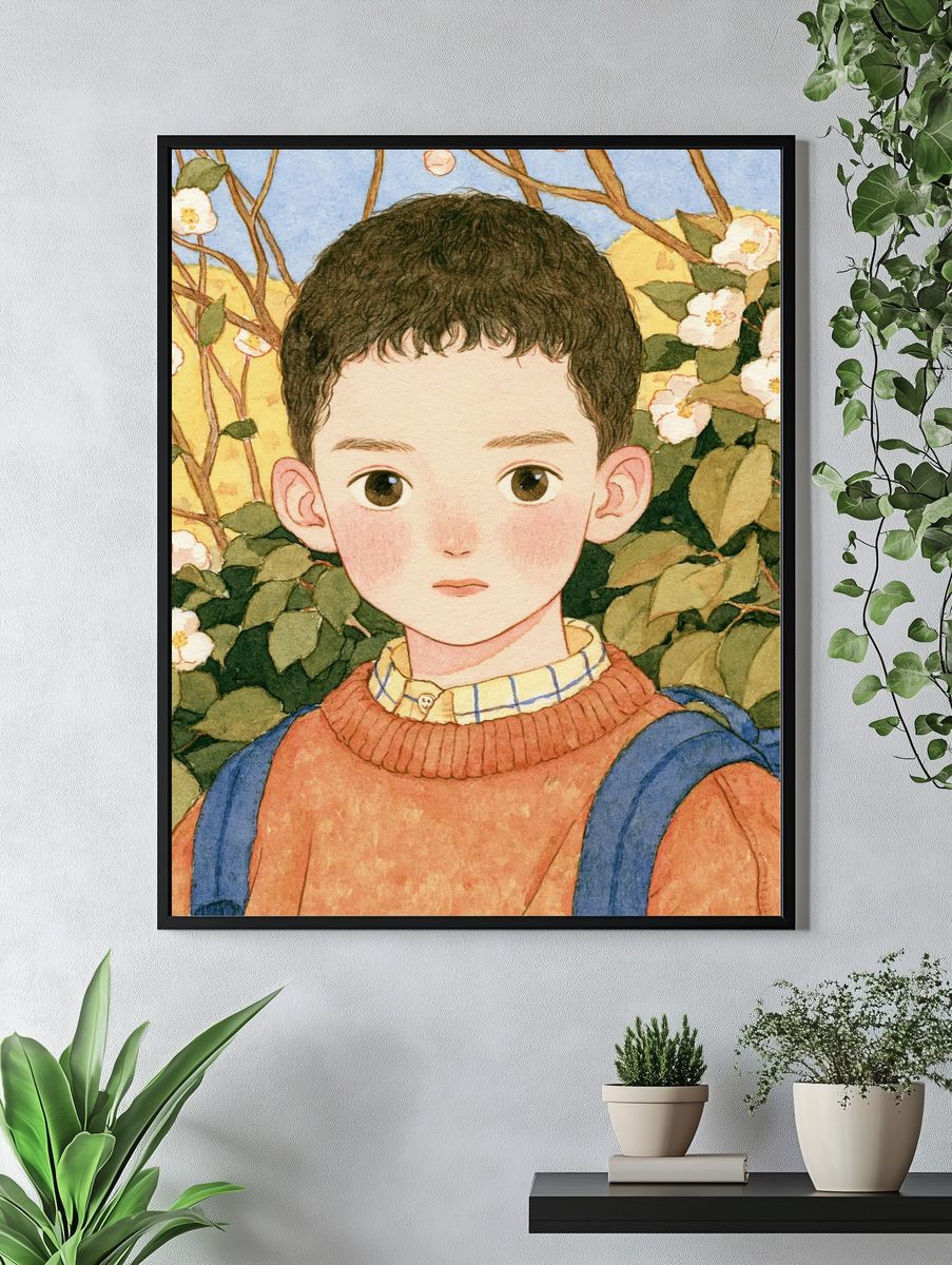Boy in Blossom Garden Watercolor Print. — room view 4