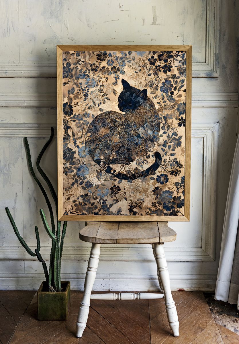 Floral Cat Silhouette Illustration Poster. room preview