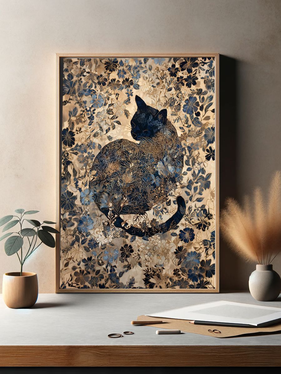 Floral Cat Silhouette Illustration Poster. — room view 2
