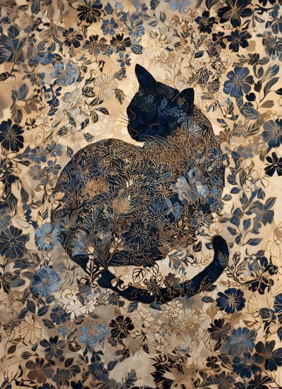 Floral Cat Silhouette Illustration Poster.