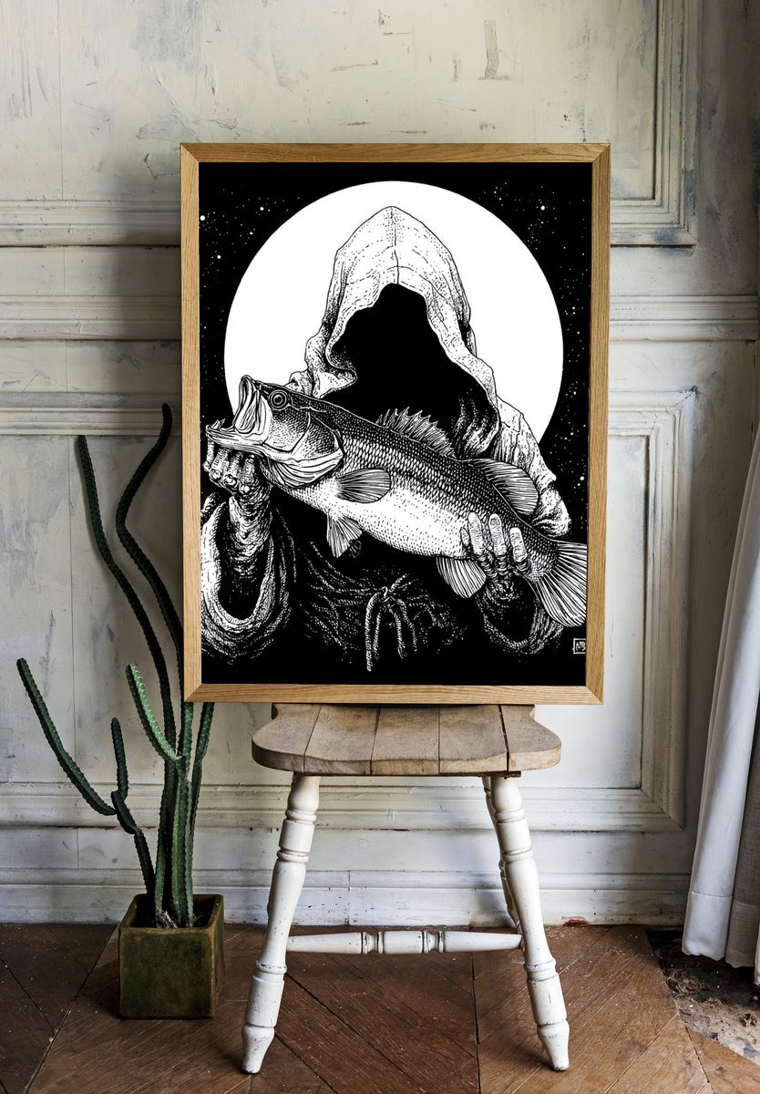 Hooded Fisherman Fish Print. room preview