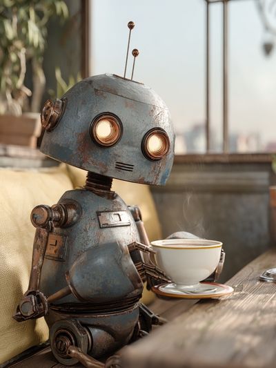 Rusty Robot Cafe Illustration Poster. poster