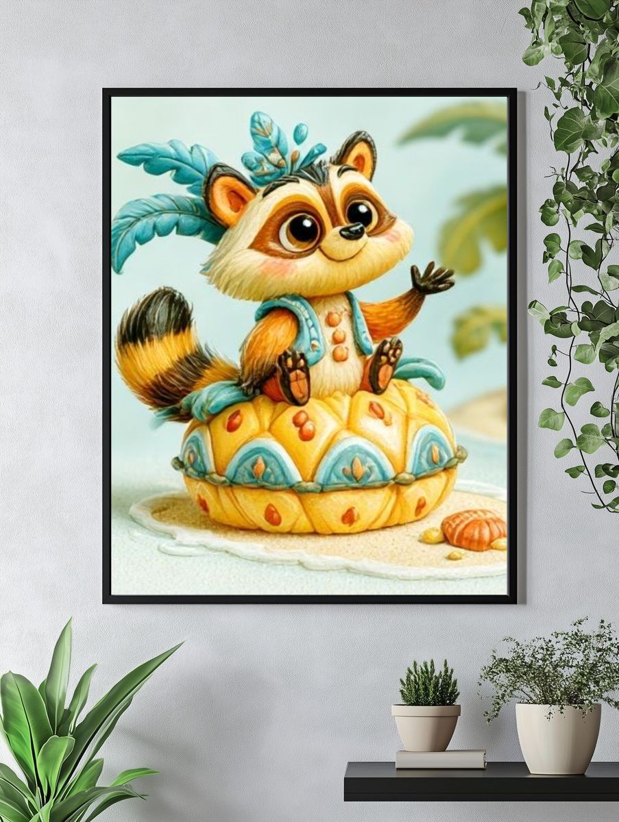 Cute Raccoon Tropical Illustration Poster. — room view 4