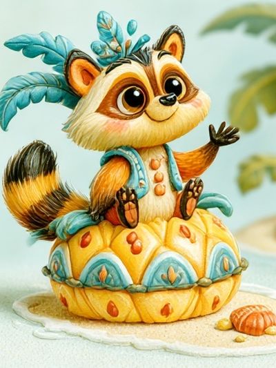 Cute Raccoon Tropical Illustration Poster.