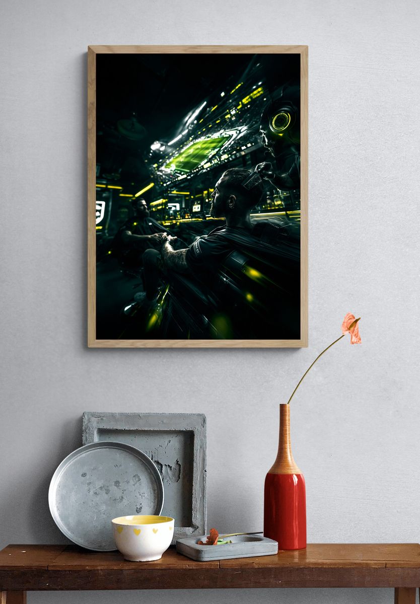 Futuristic Barbershop Gaming Poster. — room view 3