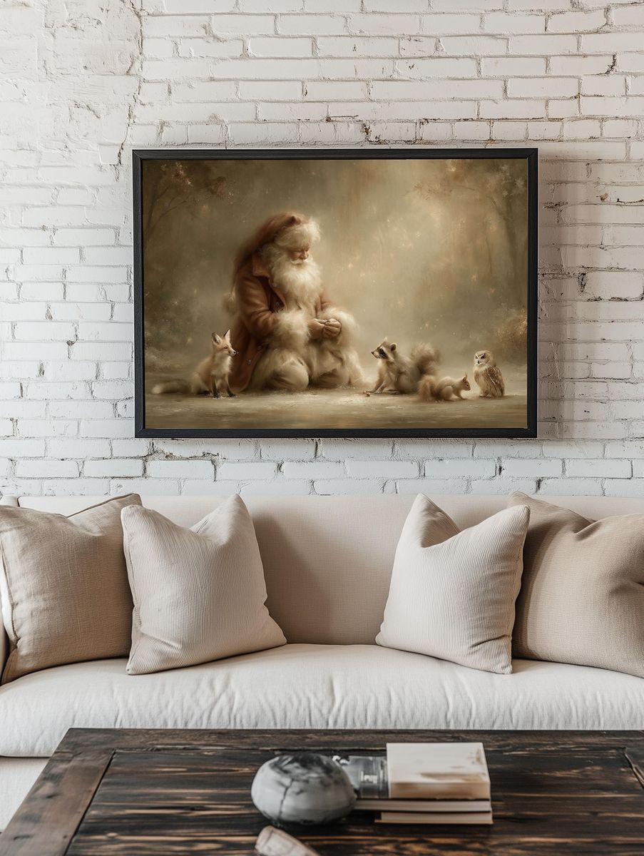 Santa and Woodland Friends Illustration Poster. room preview
