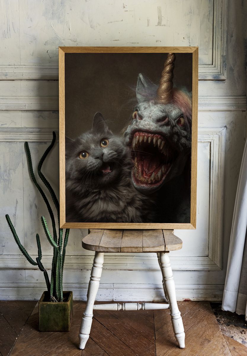 Cat and Unicorn Horror Print. room preview