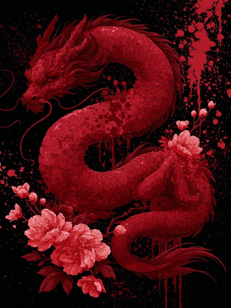 Crimson Dragon Floral Illustration Poster. poster — illustration art