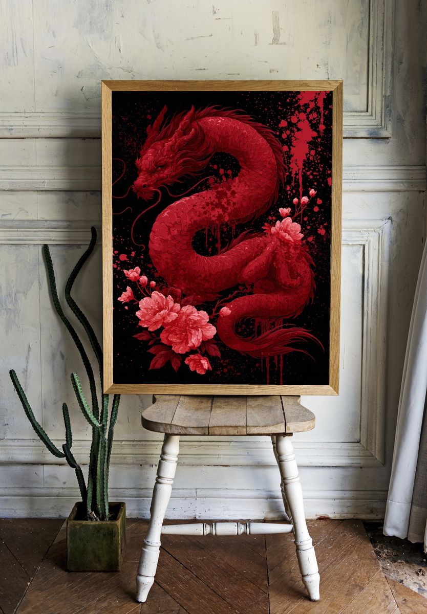 Crimson Dragon Floral Illustration Poster. room preview