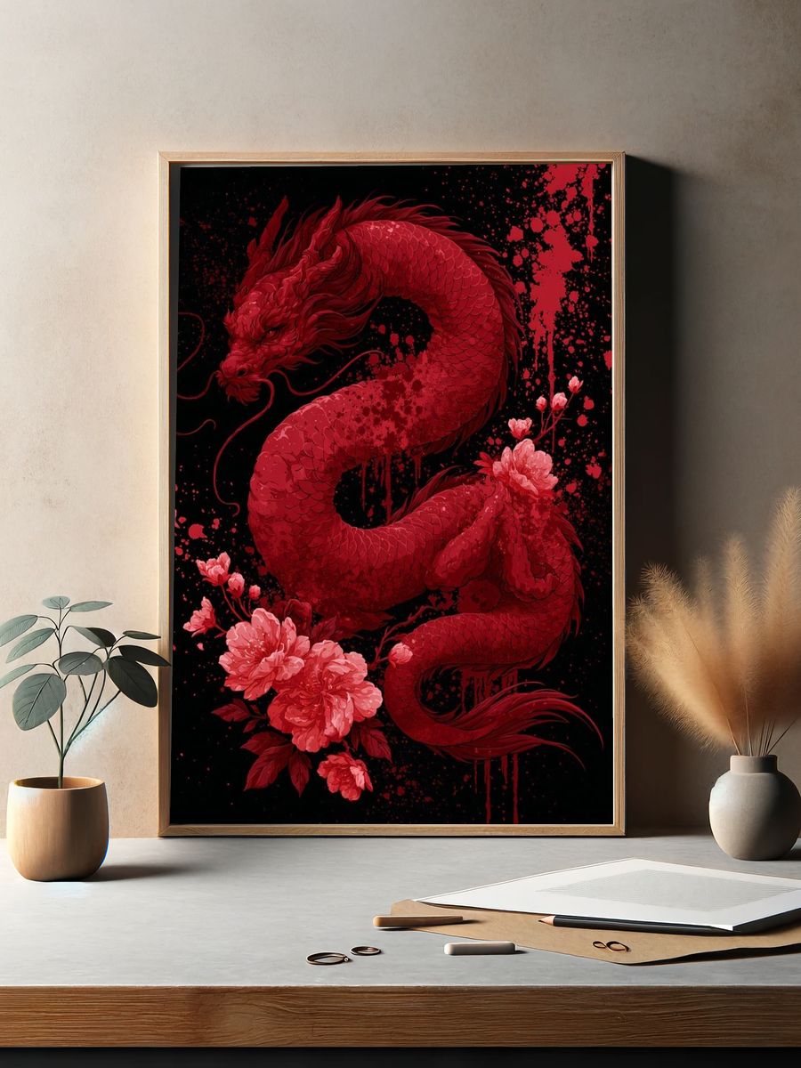 Crimson Dragon Floral Illustration Poster. — room view 2